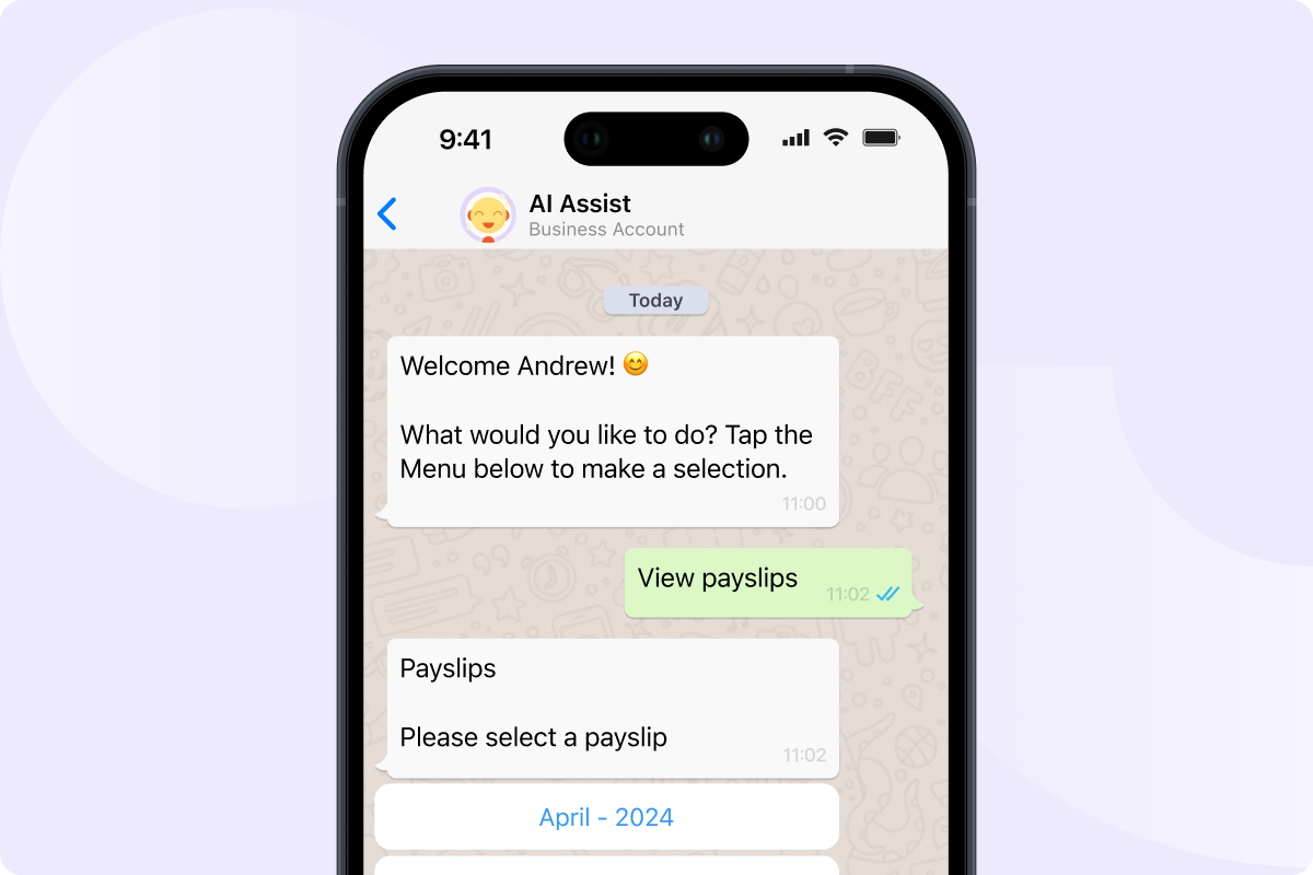 PaySpace WhatsApp ESS showing a payslip accessed directly inside WhatsApp